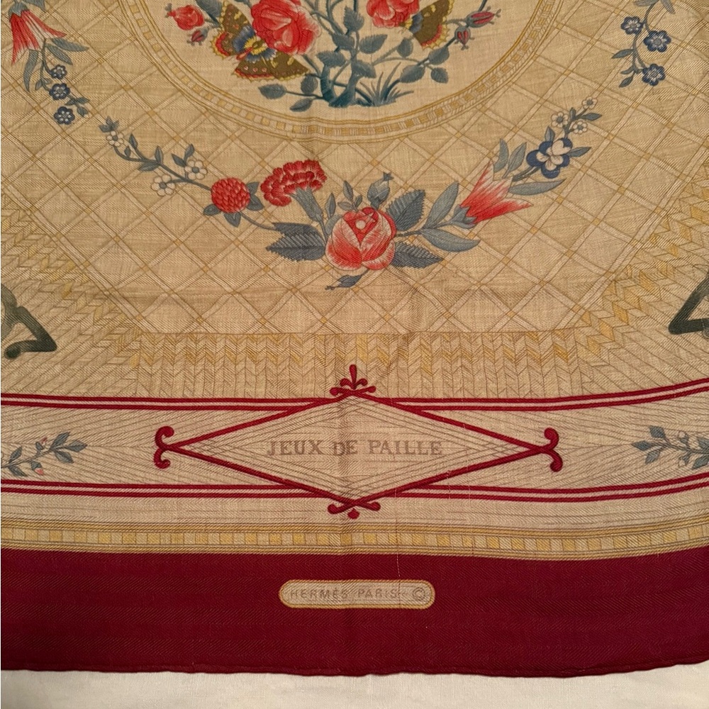 Hermes Jeux de Paille Cashmere and Silk Scarf 90cm Natural and Burgundy - Picture 2 of 11